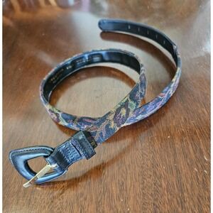 Vintage Liz Claiborne Belt Womens Large Leather Tapestry Dark Floral Adjustable